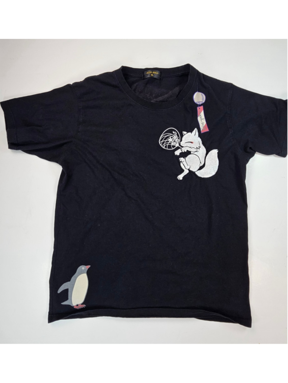KON-JAKU Japanese Fox Graphic T Shirt Mens XL Black Embroidered Ramen